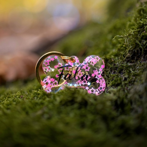 Adresówka dla psa z żywicy – personalizowana, różowe serduszka/gwiazdki (różne kształty)