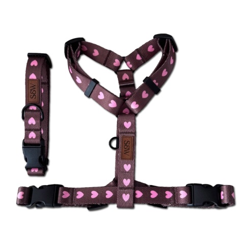 Obroża dla psa w serduszka, brązowa, regulowana z klamrą – Psiamore