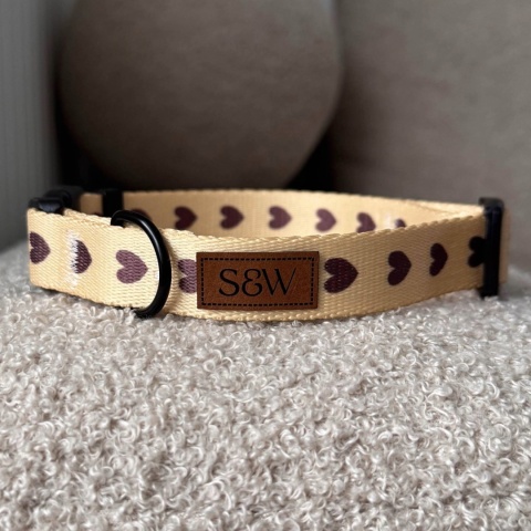 Obroża dla psa w serduszka, kremowa, regulowana z klamrą – Psiamore