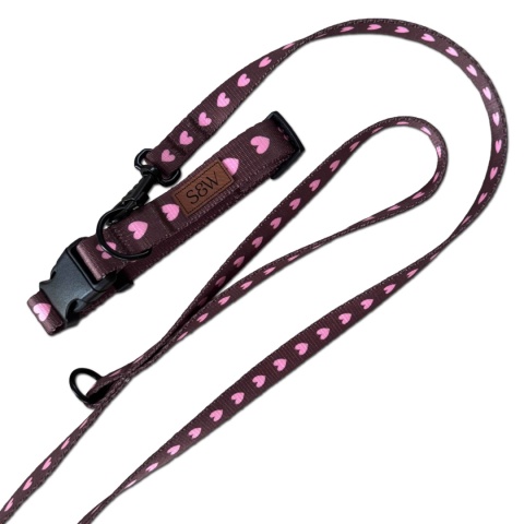 Smycz miejska dla psa w serduszka, personalizowana, brązowa – Psiamore